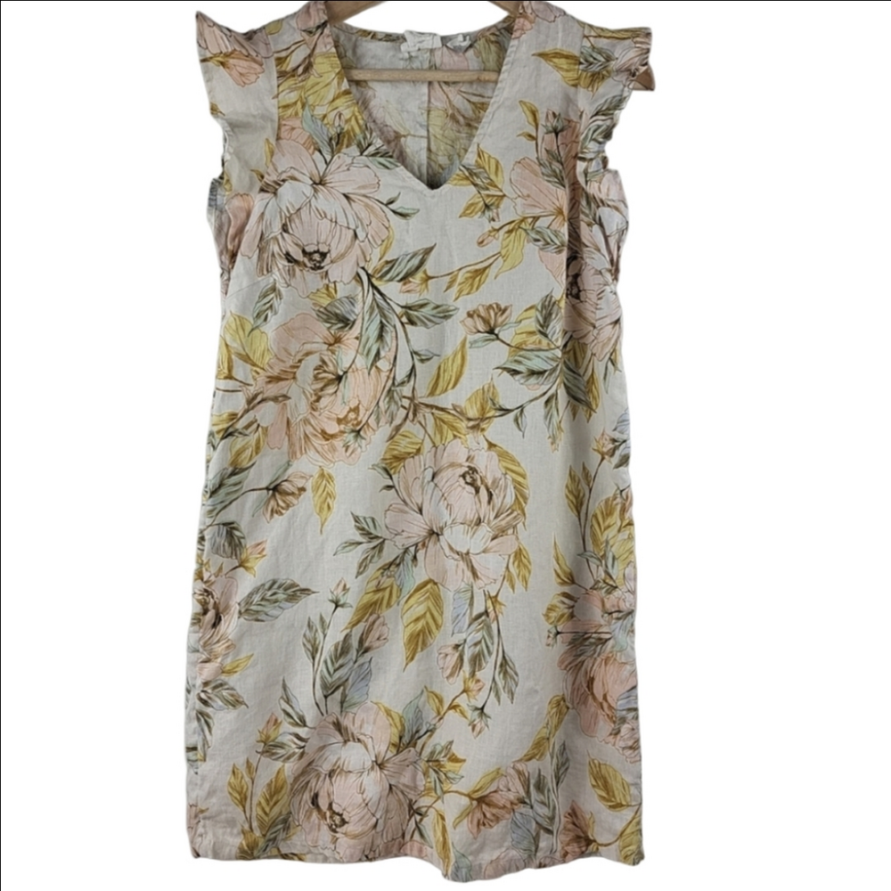 Nicole Miller Linen Shift Dress S Cream Botanical Floral Ruffle Sleeve Feminine